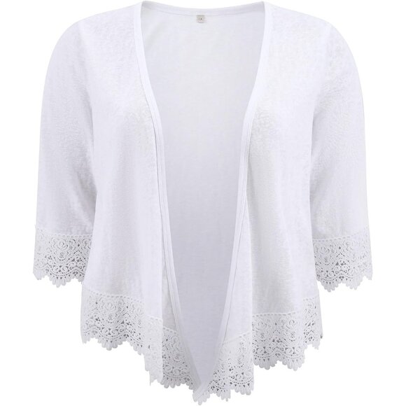 Plus Size Knit Cardigan Open Front Lace Trim 3/4 Sleeve High Low Hem - Picture 4 of 4